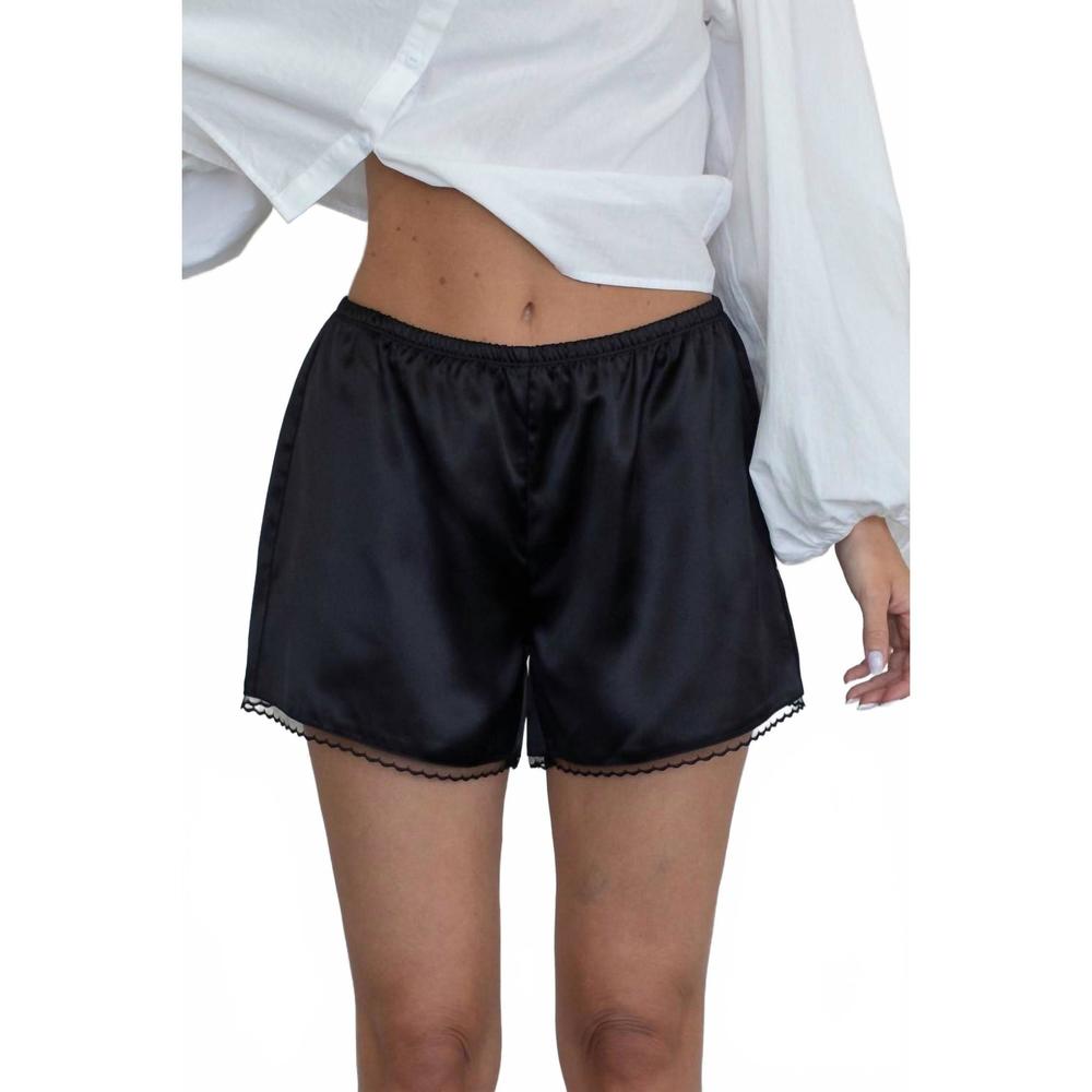 NEW THINGS BETWEEN lia satin shorts with lace trim in black